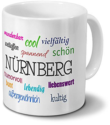 digital print Städtetasse Nürnberg - Motiv Positive Eigenschaften - Stadt-Tasse, Kaffeebecher, Mug, Becher, Kaffeetasse - Farbe Weiß