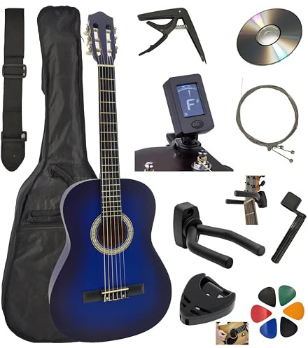 Pack Guitare Classique 3/4 (Enfant) Droitier ou Gaucher + 10 Accessoires Cour Vidéo et CD (Bleu, Droit)