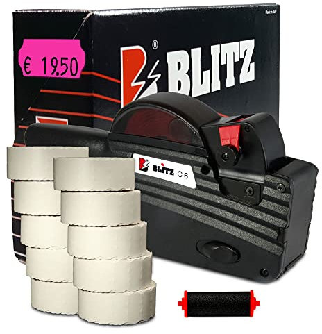 Preisauszeichner Set Blitz C6 inkl. 10 Rollen 26x12 Preisetiketten - leucht-pink permanent + 1 Farbrolle | Preisauszeichnungsgerät | HUTNER
