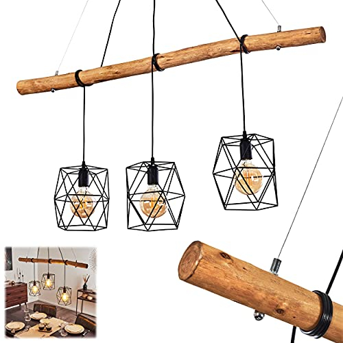 HOFSTEIN Pendelleuchte Seegaard, Hängelampe aus Metall/Holz in Schwarz/Braun, 3-flammig, 3 x E27, moderne Hängeleuchte, Höhenverstellbar bis max, 122 cm, für Wohnzimmer Esszimmer Küche