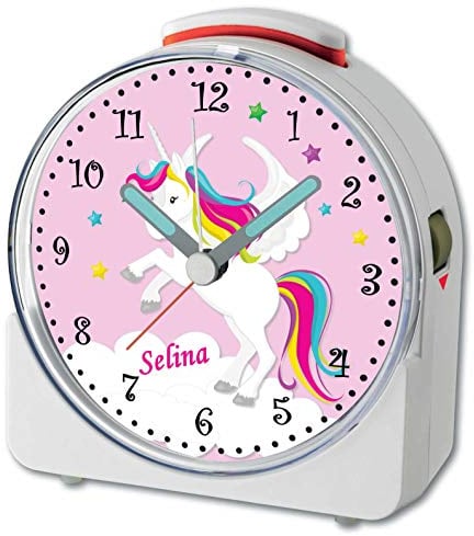CreaDesign, WU-71-1034-02, Einhorn Rosa, analog Kinderwecker weiß, Funkwecker mit Sweep-Uhrwerk und fluoreszierenden Zeiger und Licht, personlisiert mit Namen, 10,2 x 4,6 x 11 cm