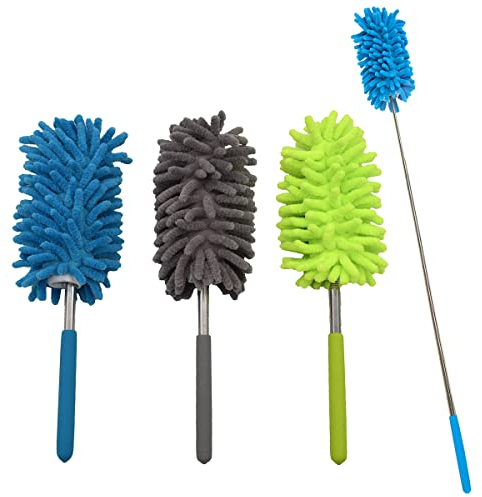 Zliger 3 Pièces TéLescopique Plumeau,Extensible Pliable Lavable Plumeau Chenille Brosse à Poussière Balayette Microfibre Duster pour La Maison Le Bureau et Les Voitures