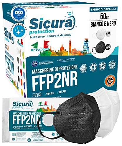 50 FFP2 Masken CE zertifiziert Schwarz und weiß Made in Italy SICURA Logo geprägtes BFE ≥99% SANITIZED and SEALED Italian FFP2 mask. Pluri zertifiziert enthält 25 Schwarz + 25 weiß