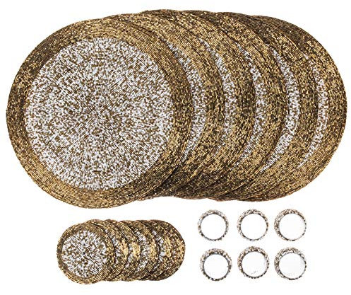 Penguin Home Handcrafted Glass Beaded Round Placemats, Coasters & Napkin Rings Set of 18 - Handmade Table Place Mats for Dining - 32 cm (13) Diameter (Gold and White)