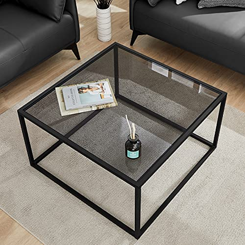 SAYGOER Couchtisch aus Glas, klein, modern, quadratisch, einfache Mitteltische für Wohnzimmer, 67 x 67 x 45 cm, Grauschwarz