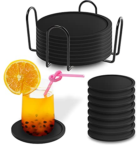 BOZKAA Untersetzer Gläser, Set mit 8 Silikon-Untersetzern, runde Design-Glasuntersetzer in Schwarz für Getränke, Bar, Tassen, Glas – Tischuntersetzer