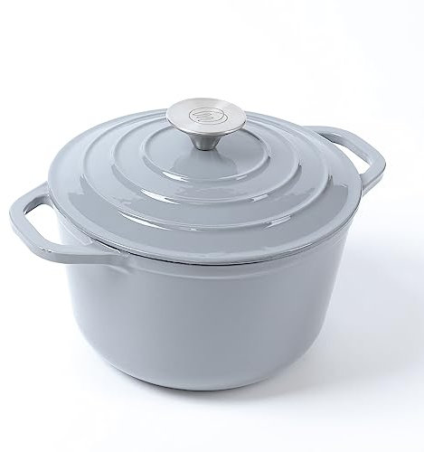HAWOK Horno holandés de hierro fundido esmaltado con tapa, horno holandés redondo de 3 cuartos de galón de profundidad con asas dobles, color gris