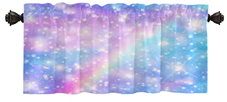 Batmerry Galaxy Fantasy Pastell-Einhorn, niedliche Küchenvolants, halber Fenstervorhang, lila blauer Pastell, Regenbogen, Einhorn, Glitzer, Sterne, Volant für Dekoration, reduziert das Licht