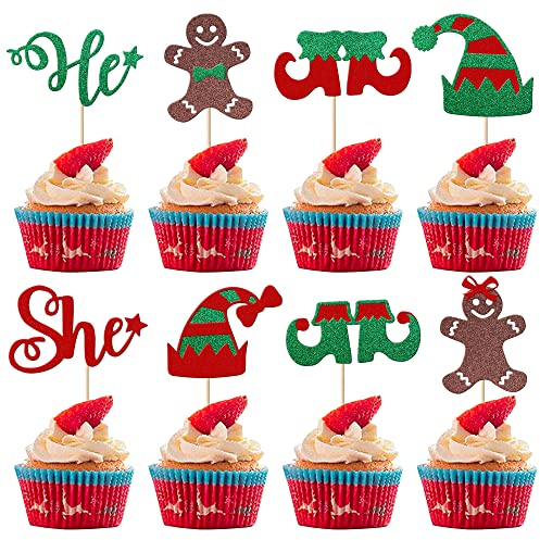 24 Stück Merry Christmas Cupcake Toppers Geschlecht Reveal Cupcake Picks Weihnachtsbaum Hut Bär Cupcake Dekorationen Er oder Sie Baby-Dusche Weihnachten Kuchen Deko Party Kuchen Dekorationen Zubehör