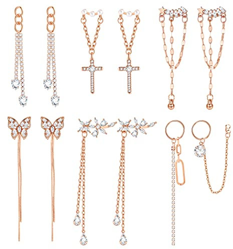 Kakonia 6 Paia Orecchini Pendenti Lunghi con Nappe Pendenti per Donna Orecchini Pendenti Fidanzamento Ipoallergenici Lineari con Strass Catena Rampicante Fiore, Oro Rosa