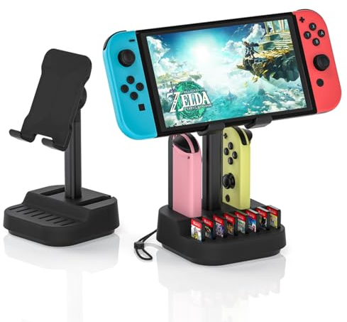 MLIFEMFUL Game Stand for Nintendo Switch with Game Card Storage, Switch Game Case Joycon Holder, Adjustable Phone Tablet Stand for Desk Fits All Mobile Phones, iPhone, iPad, Tablet 4-10 inch, Kindle