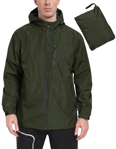 MoFiz Homme Vestes Imperméables Veste de pluie Pliable Légère Vêtements Imperméable Coupe-vent for Cyclisme Plein air Voyage Randonnée Course à pied Vert armée Taille EU XL