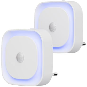 YUNLEX 2 Piezas Luz de Noche Enchufable con Sensor de Movimiento, 3 Modos de Sensor, Luz de Noche Regulable para niños, Escalera, Dormitorio, Cocina, Baño, Azul