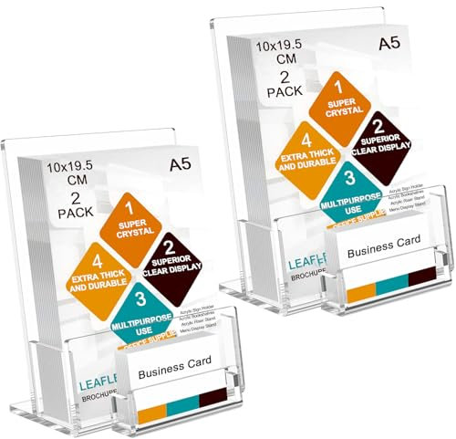 Lot de 2 porte-brochures A5 en acrylique transparent avec porte-cartes de visite, brochure de menu, brochure, brochure, menu