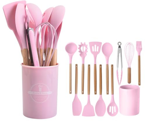 12 Pcs Kitchen Utensil Set, Silicone Cooking Utensils Set with Wooden Handle, Heat Resistant, Nonstick Cookware Tongs Spatula Spoon Set with Storage Bucket for Home, Camping, Dishwasher Safe (Pink)