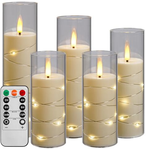 Da by Candela LED con luce a corda, candela alimentata a batteria con telecomando e timer 24 ore, candela lucida senza fiamma per la decorazione domestica (Bianca, set di 5)