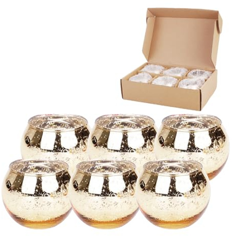 Hiseng 6 Stück Teelichthalter Glas Kerzenhalter Klein Rund Sternenhimmel Votivkerzenhalter Teelichthälter Teelichter Dekoration für Weihnachten, Hochzeit, Kerzenlicht Abendessen (Gold)