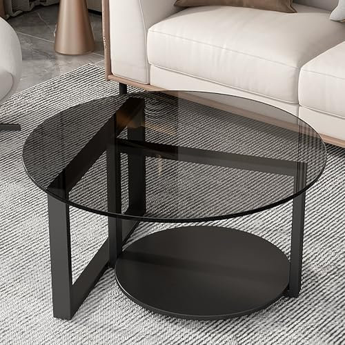 Moderna mesa de centro de cristal con estante de almacenamiento, mesa central redonda de 2 niveles para sala de estar y oficina, parte superior de vidrio templado, elegante acabado negro (60 x 45 cm)