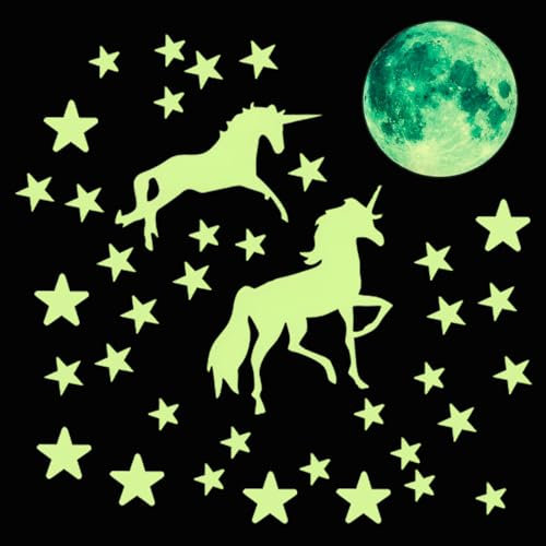 Leuchtsterne Wandtattoo Einhorn Kinderzimmer Mädchen Leuchtsticker, Selbstklebende Einhorn Und Sternen Deko Für Mädchenzimmer Und Babyzimmer, Glow-In-The-Dark Aufkleber, Geschenk Für Kinder