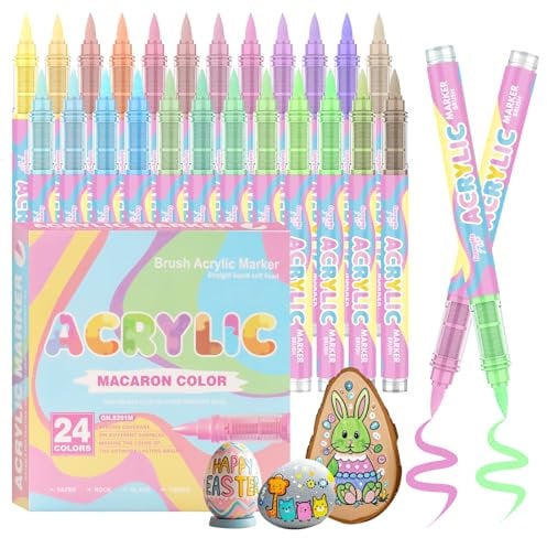 Acrylic Paint Pens, 24 Pastel Colours Acrylic Paint Markers, Water-Based Acrylic Markers with Straight Liquid Soft Brush Tip for Rock Painting Wood Ceramic Glass Egg