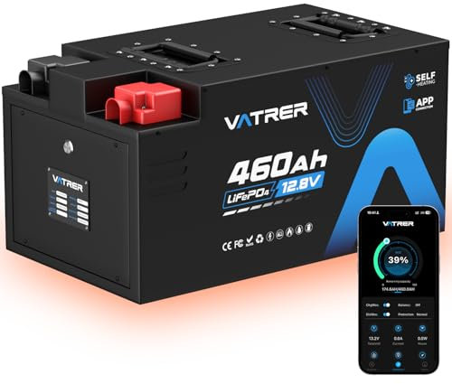 VATRER POWER LiFePO4 Batterie au lithium auto-chauffante 12 V 460 Ah avec BMS 300 A avec application Bluetooth 5000+ batterie au lithium à cycle profond, 5888 Wh, puissance de charge max. 3840 W