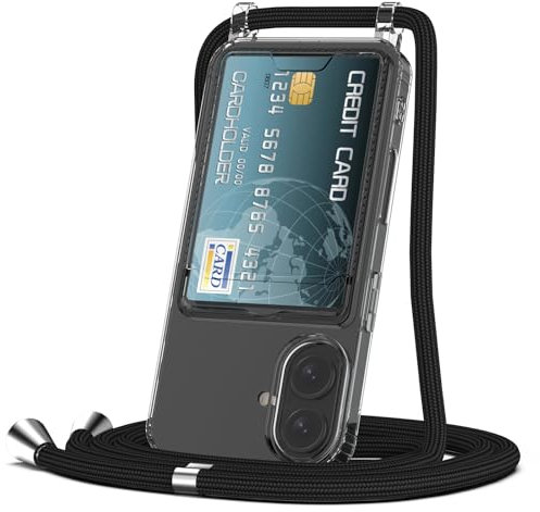 XIMIZU For iPhone 16 Crossbody Case With Card Holder, Slim Flexible TPU Anti-Scratch Shockproof Protective Adjustable Neck Strap Clear Lanyard Phone Case For iPhone 16 Strap
