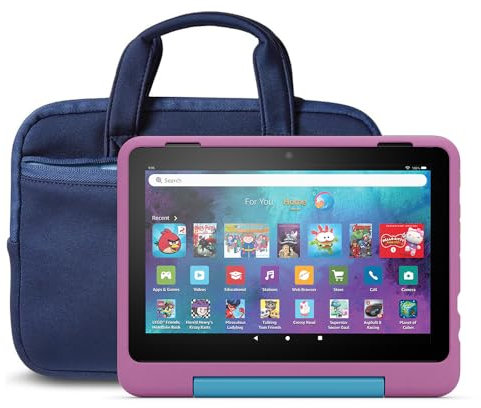 Amazon Fire HD 8 Kids Pro tablet, 3 GB memory, includes ads-free books, games and videos that children love, 8 HD screen, parental controls, 13-hr battery, 32 GB and NuPro Zipper Sleeve, Blue