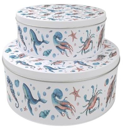 Purely Home Sea Life Set of 2 Cake Tins Gift - Coastal Nesting Round Large & Medium Metal Storage Containers for Cakes and Baking