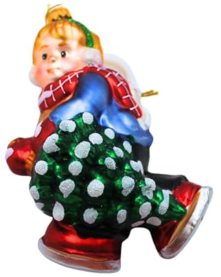 Dekohelden24 Lauschaer Christbaumschmuck - Christbaumkugel Lauscha, Glaskugeln, Weihnachtsbaumkugel, Glasornament Winterkind, Glasbehang Junge mit Baum in bunt, aus Lauscha, L/B/H 8 x 6 x 12 cm.