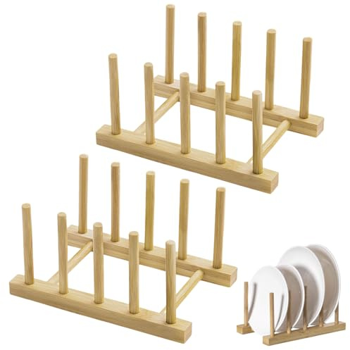 VIDSTW 2 Pièces Egouttoir Vaisselle Bois 4 Compartiments Porte Assiette Egouttoir Vaisselle Bois Résistant à L'humidité Range Assiette Conception Creuse Égouttoirs pour Bols Tasses Soucoupes