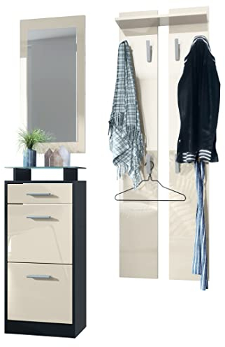 Vladon Garderobenset Garderobe Loret V2 Mini, Korpus in Schwarz matt/Front in Creme Hochglanz