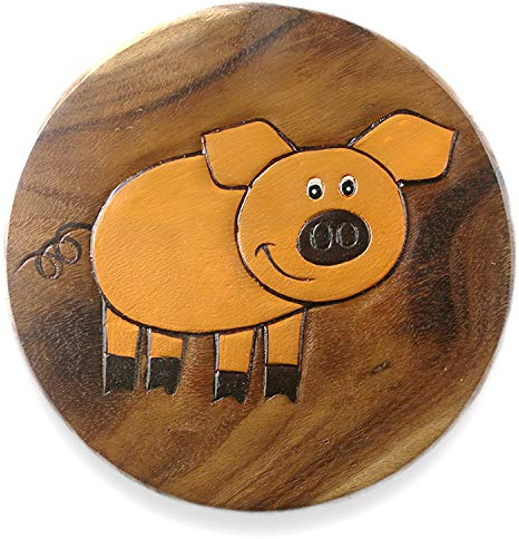 ART-CRAFT Vielseitiger Kinderhocker Holzhocker rund aus Massivholz Tiermotiv Schwein mit vielen Einsatz Möglichkeiten