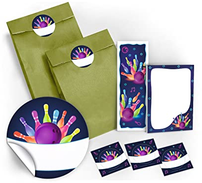 12 Geschenktüten/grün + 12 Aufkleber + 12 Lesezeichen + 12 Mini-Notizblöcke Bowling neon/Mitgebsel Gastgeschenk für Kinder Jungen Mädchen beim Kindergeburtstag Geburtstag