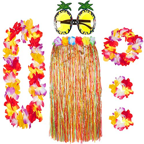 REDSTAR 6er Hawaii Hula Set – Hawaii Kostüm Damen mit Bastrock, Kette Blumen und Ananas Brille – Outfit wählbar in Natur oder mit buntem Rock