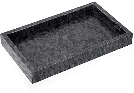 BSTKEY Natural Marble Stone Serving Tray Coffee Table Plater, Rectangle Jewelry Tray Decorative Bathroom Vanity Organizer Toilet Tank Storage Bathtub Plate, 25x15CM (Black)