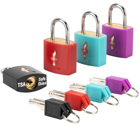 Lot de 4 cadenas TSA carrés fluo + cadenas à clé, TSA Accepte la TSA pour bagages, valise, sac à dos, sac d'ordinateur portable