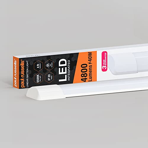 paul russells 4ft LED Batten, Ceiling Fitting Tube Light, 6500K Daylight, 40W, 4800 Lumens, Light for Office, Bathroom, Kitchen, Garage, Warehouse Fluorescent Lighting Replacement, 1 Pack