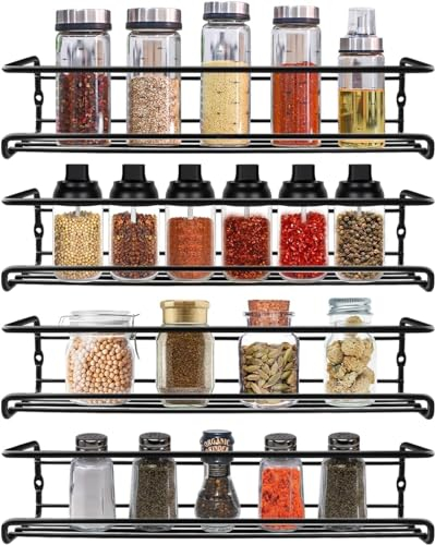 Mezzar Especieros para Cocina, 4 Piezas Organizador Especias Estanteria Pared Estantes Cocina Sin Taladrar Especieros Para Cocina Armarios Baño y Hogar - Negro