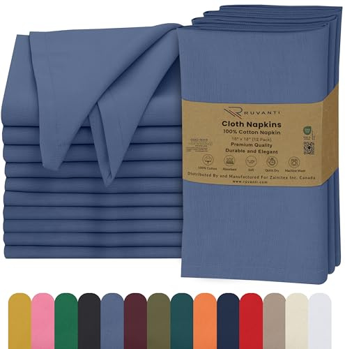 Ruvanti Cloth Napkins Set of 12, 100% Cotton 18”x18” - Bijou Blue