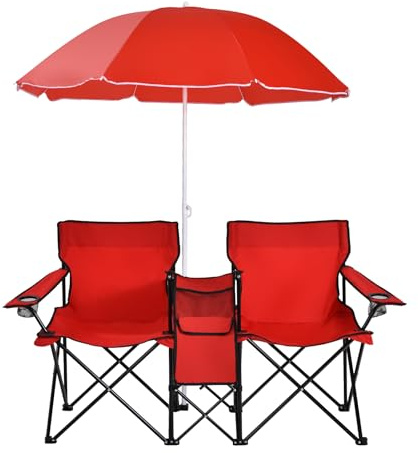 GOPLUS Doppelsitzer Campingstuhl, aus Oxford-Stoff & Stahl, mit Sonnenschirm & Tragetasche, Klappstuhl für Paare, mit Getränkehalter & Eisbeutel, Tragbarer Picknickstuhl, für Reisen, Camping (Rot)
