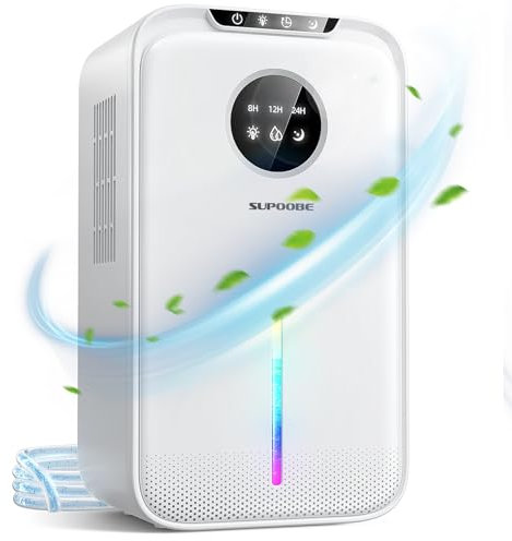 Deshumidificador Eléctrico 2200 ml, Pequeño Deshumidificadores de Humedad mit manguera de drenaje de 1m, Apaga Automáticamente, Temporizador, 30 dB Modo de Sueño, Luz de 7 Colores, Baño, Dormitorio