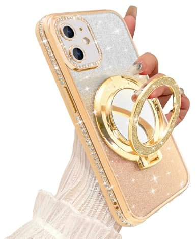 Coalbooliy Handyhülle für iPhone 12 Hülle Glitzer 6,1 kompatibel mit Mag-Safe, Durchsichtig mit Ständer Spiegel Makeup Pailletten Magnetische Schutzhülle Weiches Silikon Cover für Mädchen, Golden