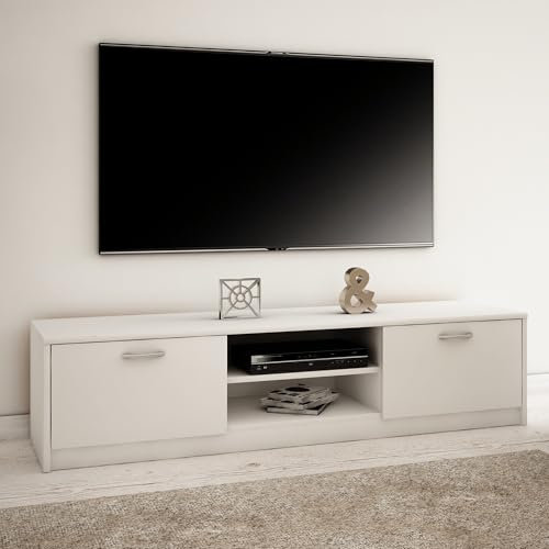 Home Collective TV-Schrank 160cm breit Lowboard mit Matter Oberfläche Fernsehtisch mit 2 Türen und 2 Regalen aus laminiertem Board abgerundete Kante und Metall-Rollschienen Fernsehkommode Weiß