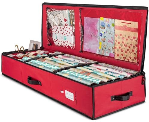 Premium Christmas Bauble Storage Box – 600D Oxford Polyester, Heavy-Duty Cardboard, Dual Zipper, 103cm, 2 Clear Vinyl Pockets, Dividers & Elastic Straps for Ornaments (Red)