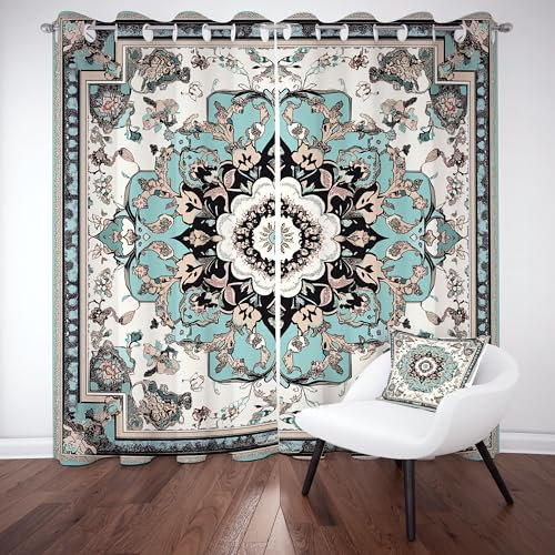 Sobhdga Boho Barock Vorhang H 225 x B 140 cm, Jahrgang Blumenmuster Gardinen, Exotische Abstrakt Verdunklungsvorhänge mit Ösen 2er Set Kälteschutz Thermovorhang für Wohnzimmer Schlafzimmer