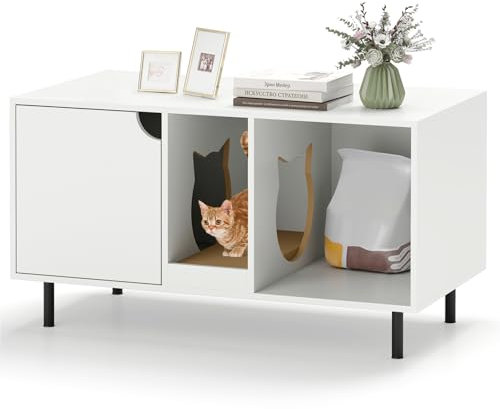 COSTWAY Katzenschrank für Katzentoilette, Katzenklo Schrank mit Kratzbrett & Eingang in Katzenform & Tür & Metallbeinen, bis 120 kg, Katzenhaus Katzenmöbel für Katzen Hunde Haustier, 100x52x55cm, Weiß