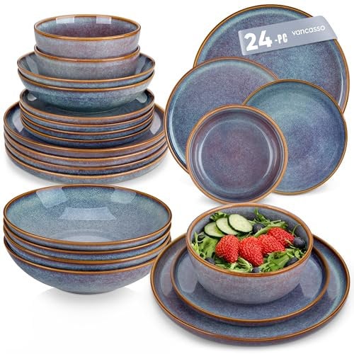 Geschirrset 6 Personen, vancasso PLAYA 24tlg Reaktive Glasur Steingut Tafelservice 6 Personen Modern, Beinhaltet Schüssel, Suppenteller, Dessertteller, Speiseteller, Spülmaschinenfest, Lavendelblau