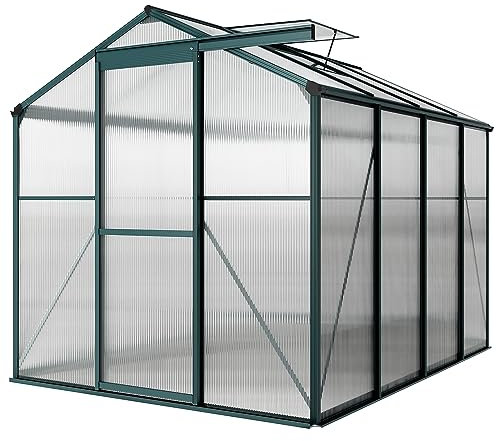XEMQENER 8x6 FT Polycarbonate Greenhouse, Large Garden Greenhouse with Sliding Door and Ventilation Window, Aluminum Frame Walk-in Greenhouses for Plant, Flower, 190x252x183 cm, Green