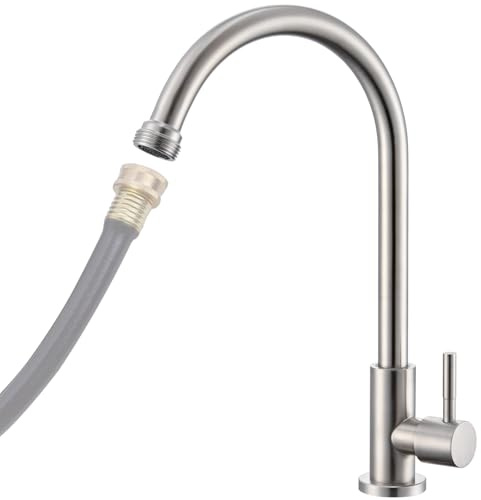 KroBer Cold Water Faucet Only – Brushed Nickel Stainless Steel Single Hole Faucets High Arc Utility Sink Faucet for Laundry, Outdoor, 3/4'' Thread End Garden Hose Adapter