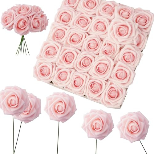 ZIJANG 25 Stück Kunstrosen Schaumrosen Rosa Realistisch | Künstliche Rosen aus Schaumstoff für Hochzeit, Party und Tischdeko, langlebige Blumendekoration für viele Anlässe